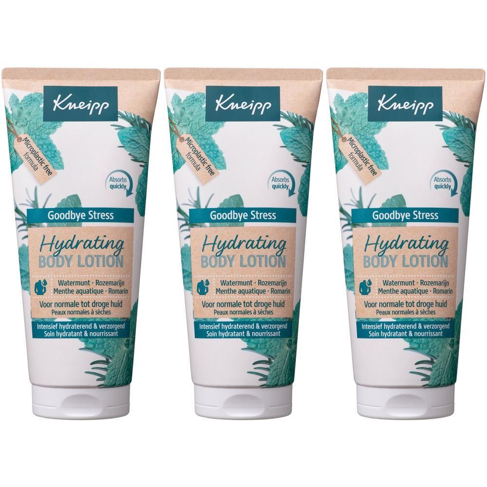 Drie tubes Kneipp Goodbye Stress Body Lotion met munt- en rozemarijngeur.