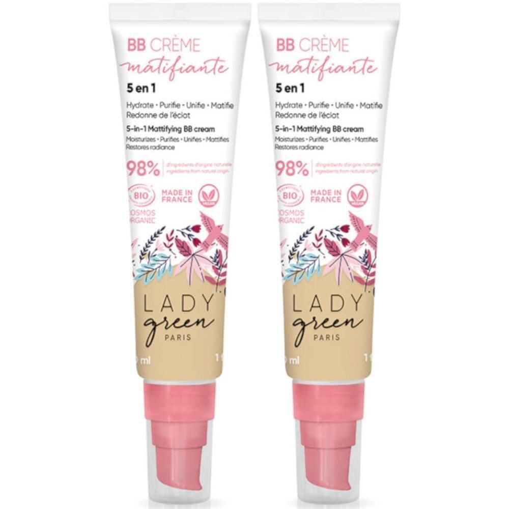 Deux tubes de Lady Green BB Crème Matifiante 5-en-1 Très Claire Bio. Avec pompe.