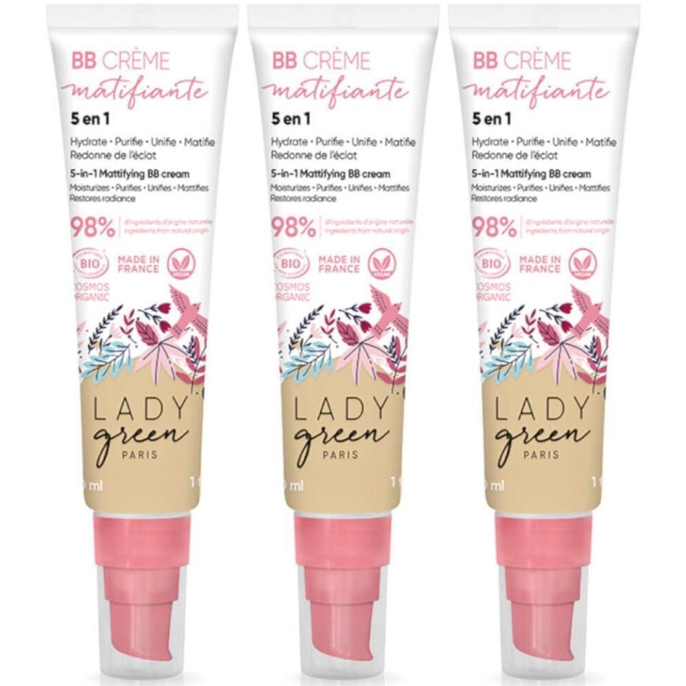 Drie tubes Lady Green BB Crème Matifiante 5-in-1, zeer lichte tint. Biologisch gecertificeerd, Made in France.