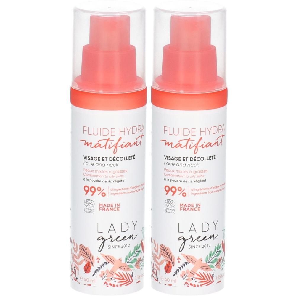 Twee flacons Lady Green Fluide Hydra Matifiant Bio gezichts- en halsfluïde.