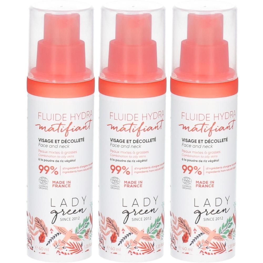 Drie Lady Green Fluide Hydra Matifiant flessen met pompdos. Wit en koraal.