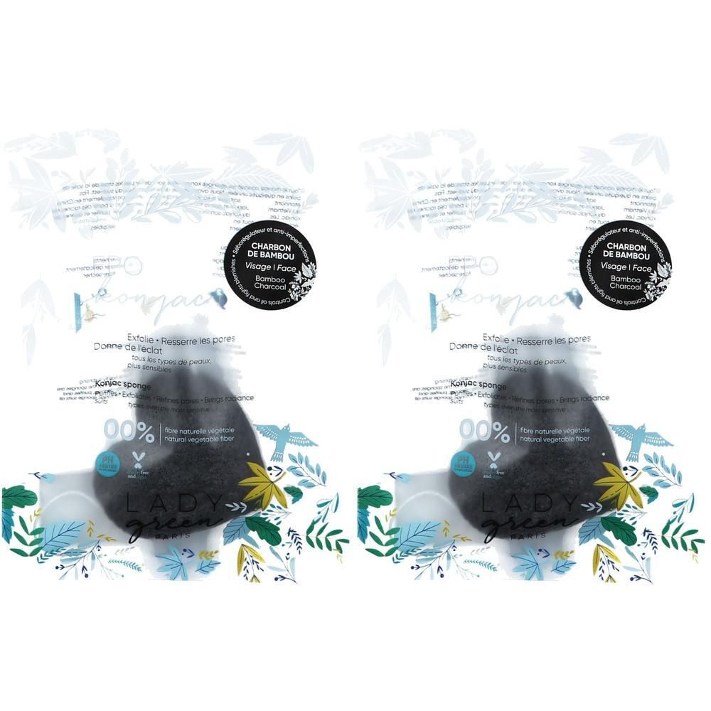 Deux éponges Konjac Lady Green au charbon de bambou, pour le visage et le corps.