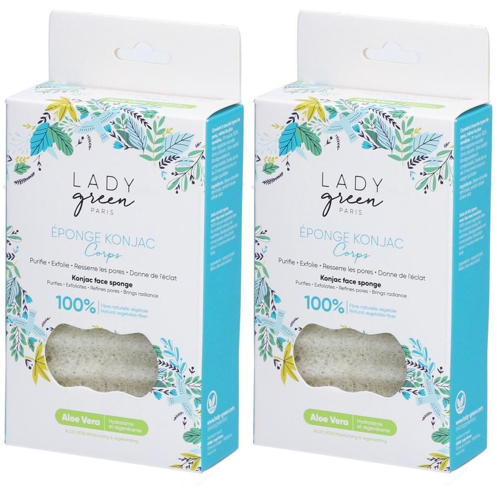 Deux paquets d'éponge Konjac Lady Green à l'Aloe Vera. L'éponge est visible par une fenêtre.