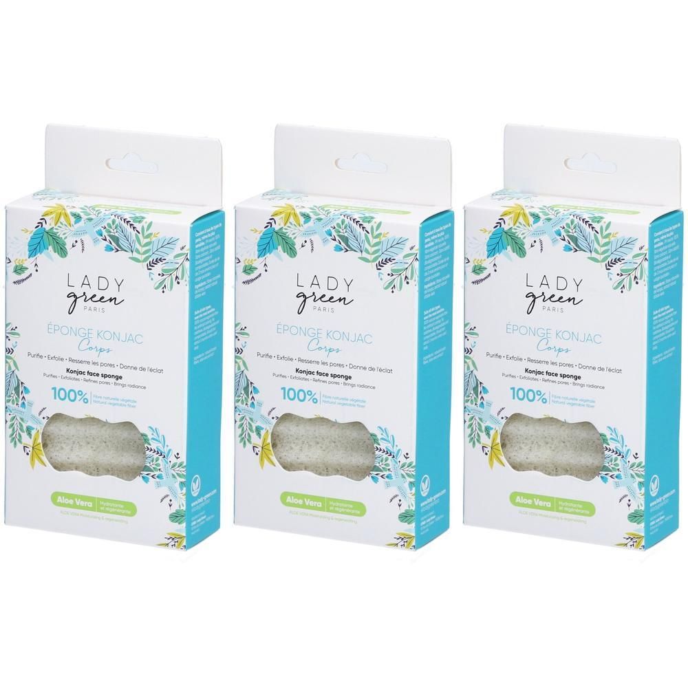 Drie Lady Green Konjac body sponzen in verpakking met Aloe Vera opdruk.