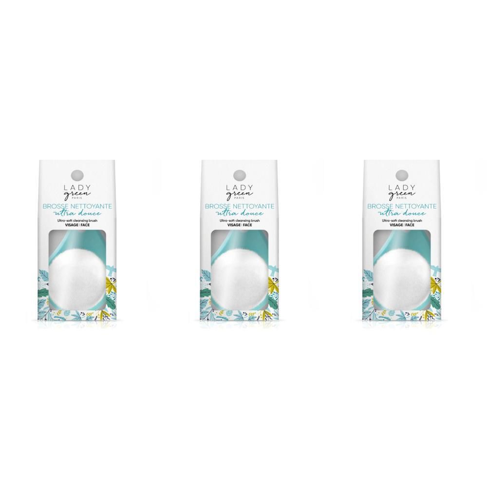 Drie Lady Green gezichtsreinigingsborstels in verpakking. Witte, ronde borstels met handvat.