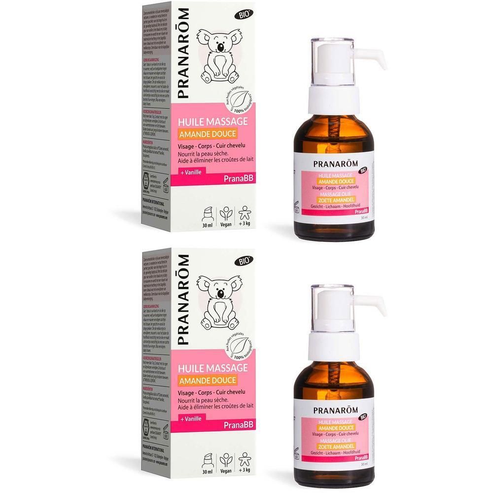 Deux flacons d'huile de massage bio Pranarôm PranaBB Amande Douce et leurs boîtes.