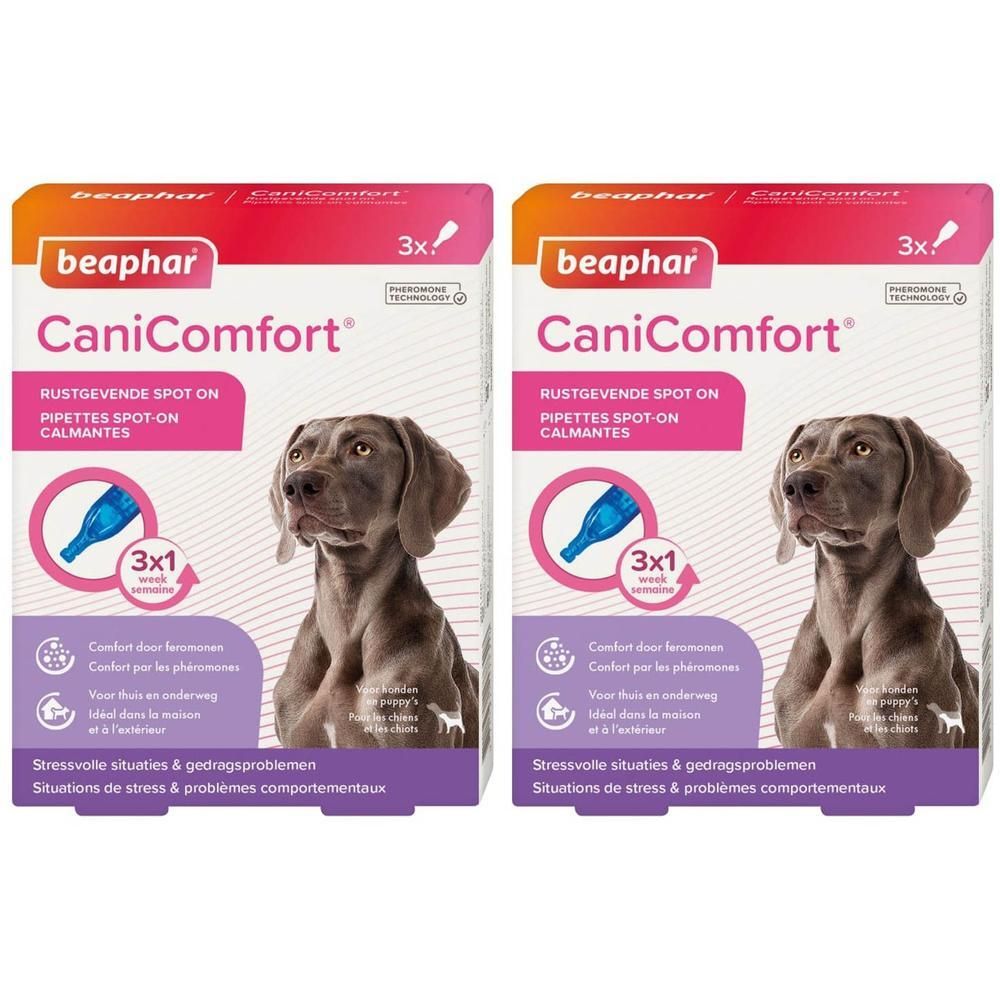 Deux boîtes Beaphar CaniComfort Pipettes Spot-On Calmantes avec image de chien.