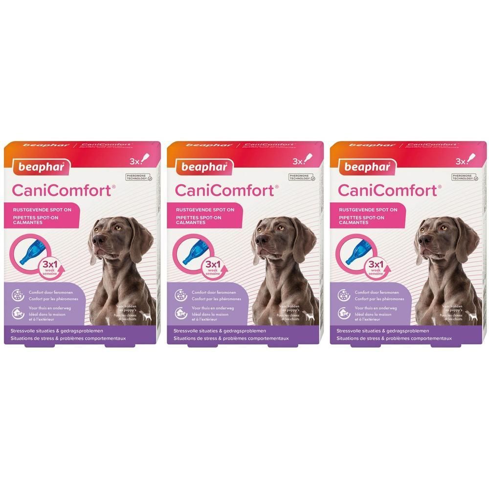 Drie Beaphar CaniComfort pipetten verpakkingen met hond.