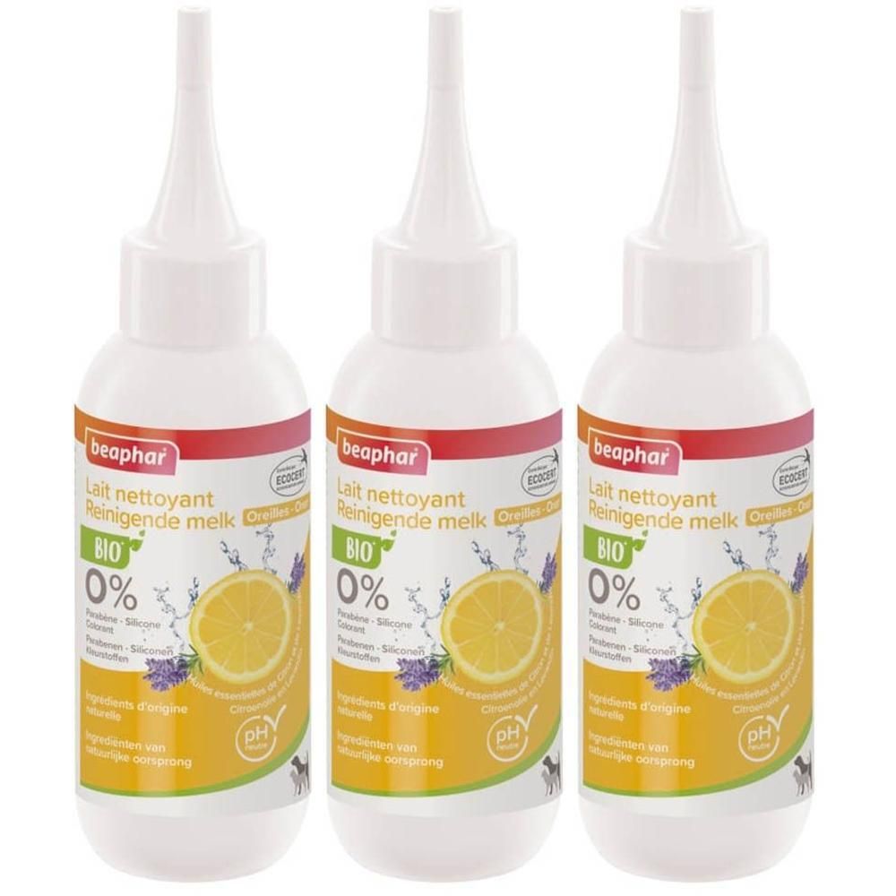 Drie Beaphar Bio Reinigende Melk flessen met applicator. Geel etiket met citroen en lavendel.