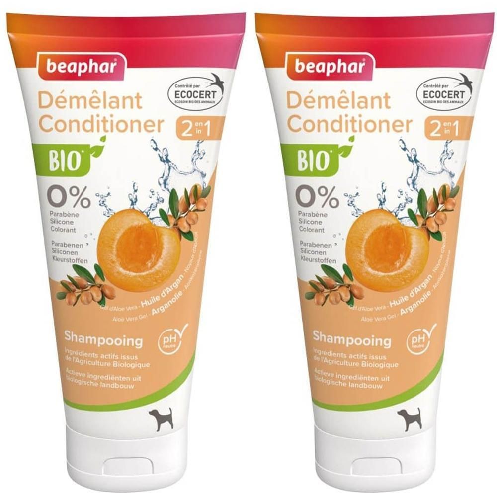 Twee Beaphar Bio Conditioner flessen met abrikozen- en arganolie-motief. 0% parabenen, siliconen, kleurstoffen.