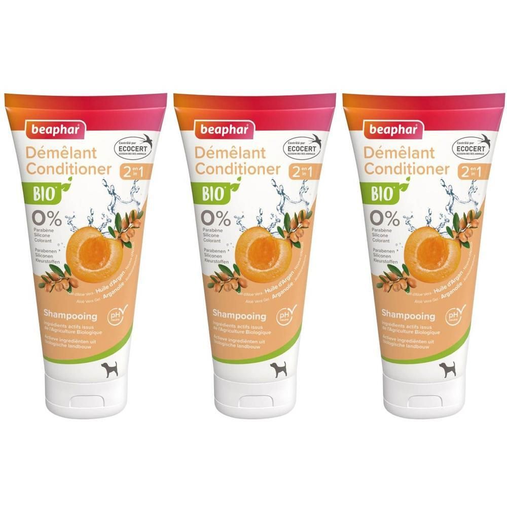 Trois flacons de shampooing bio Beaphar 2-en-1 pour chien, motif pêche et huile d'argan.
