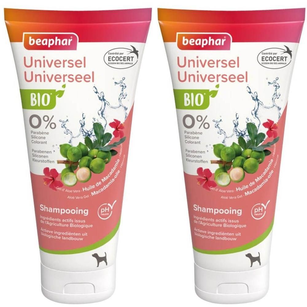 Shampoing Universel Bio Beaphar pour chien à l'huile de macadamia. 0% parabènes, silicones, colorants. Certifié Bio.