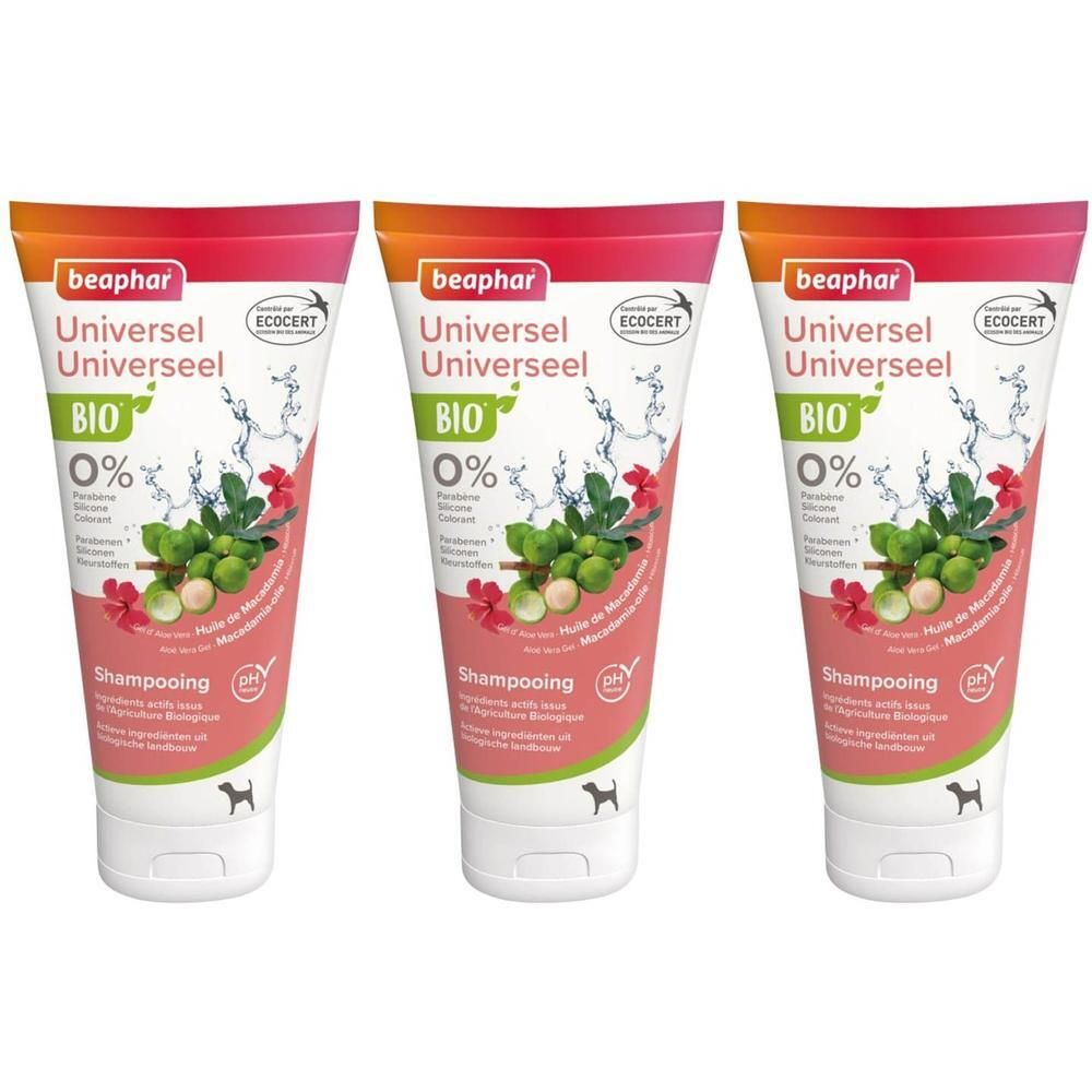 Trois flacons de shampooing universel bio Beaphar pour chien, avec motif macadamia et certification bio.