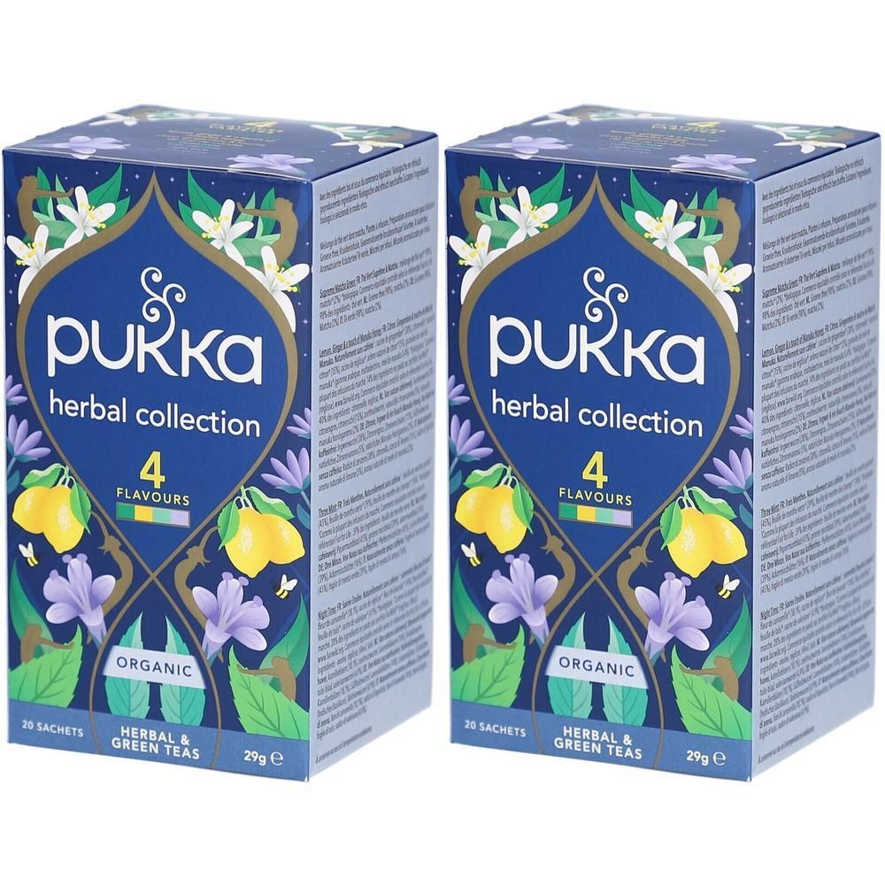 Deux boîtes de collection de thés aux herbes biologiques Pukka, 4 saveurs, 20 sachets par boîte.