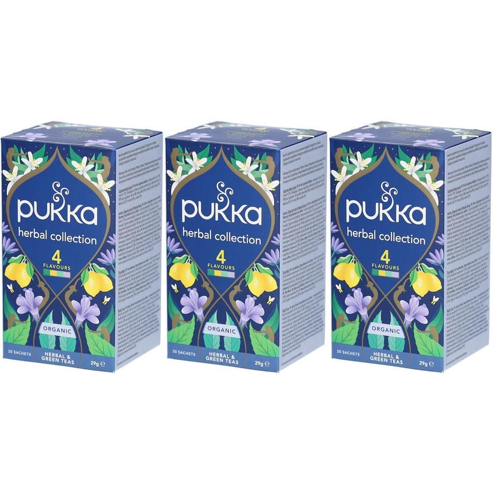Drie dozen Pukka Herbal Collection met 4 smaken, biologisch gecertificeerd.