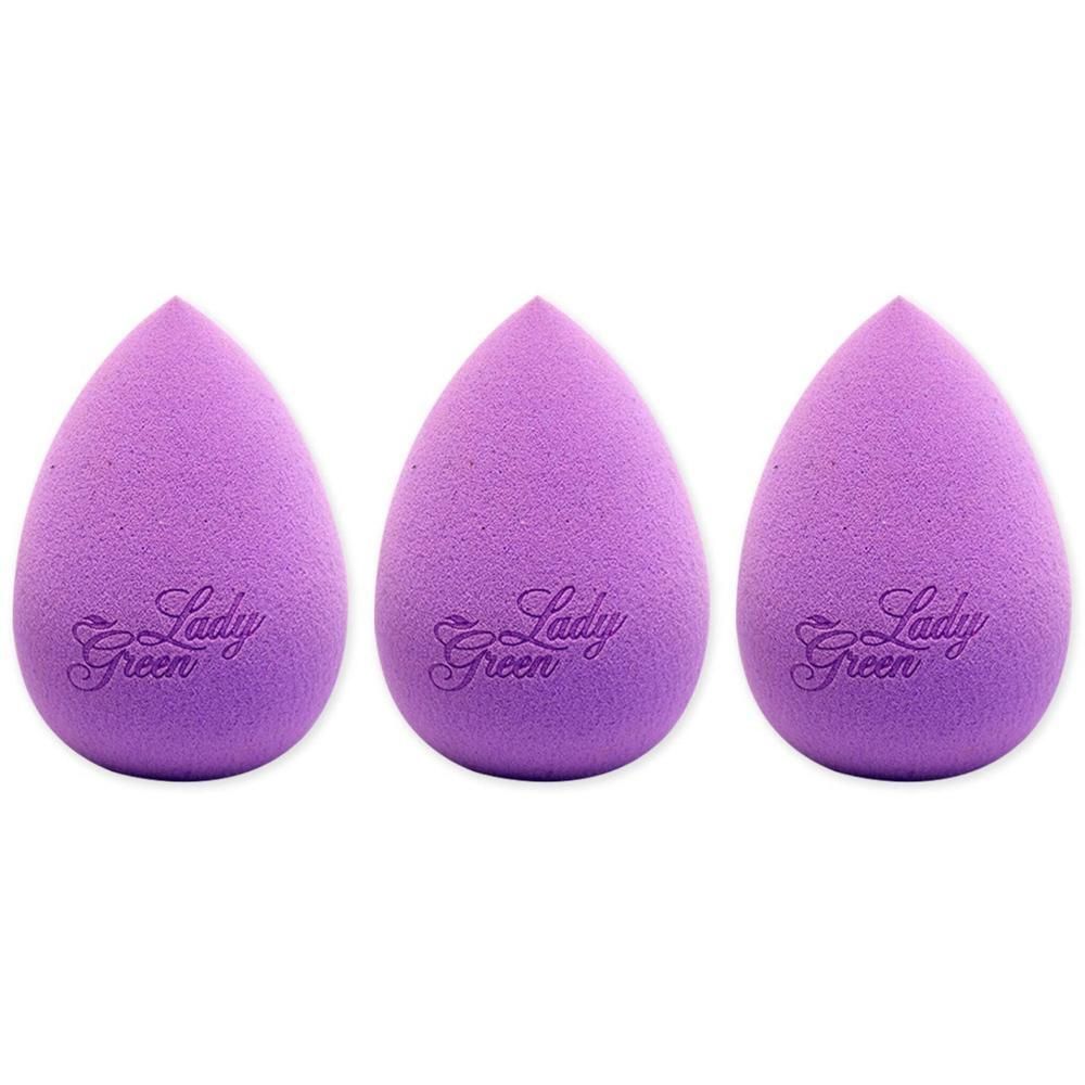 Drie paarse make-up sponzen met Lady Green logo.