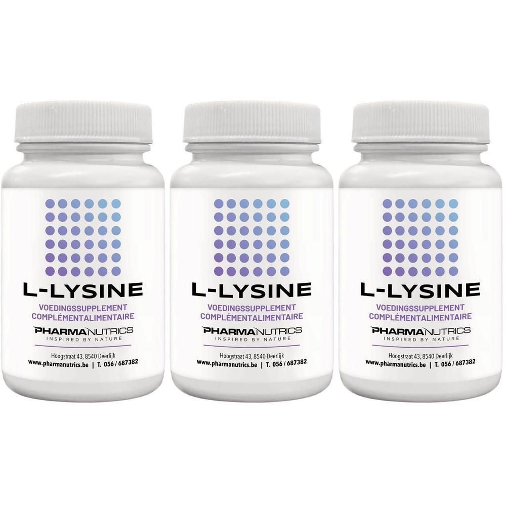 Trois flacons blancs de compléments alimentaires L-Lysine. Chaque flacon porte une étiquette avec des points violets et bleus et le nom du produit.