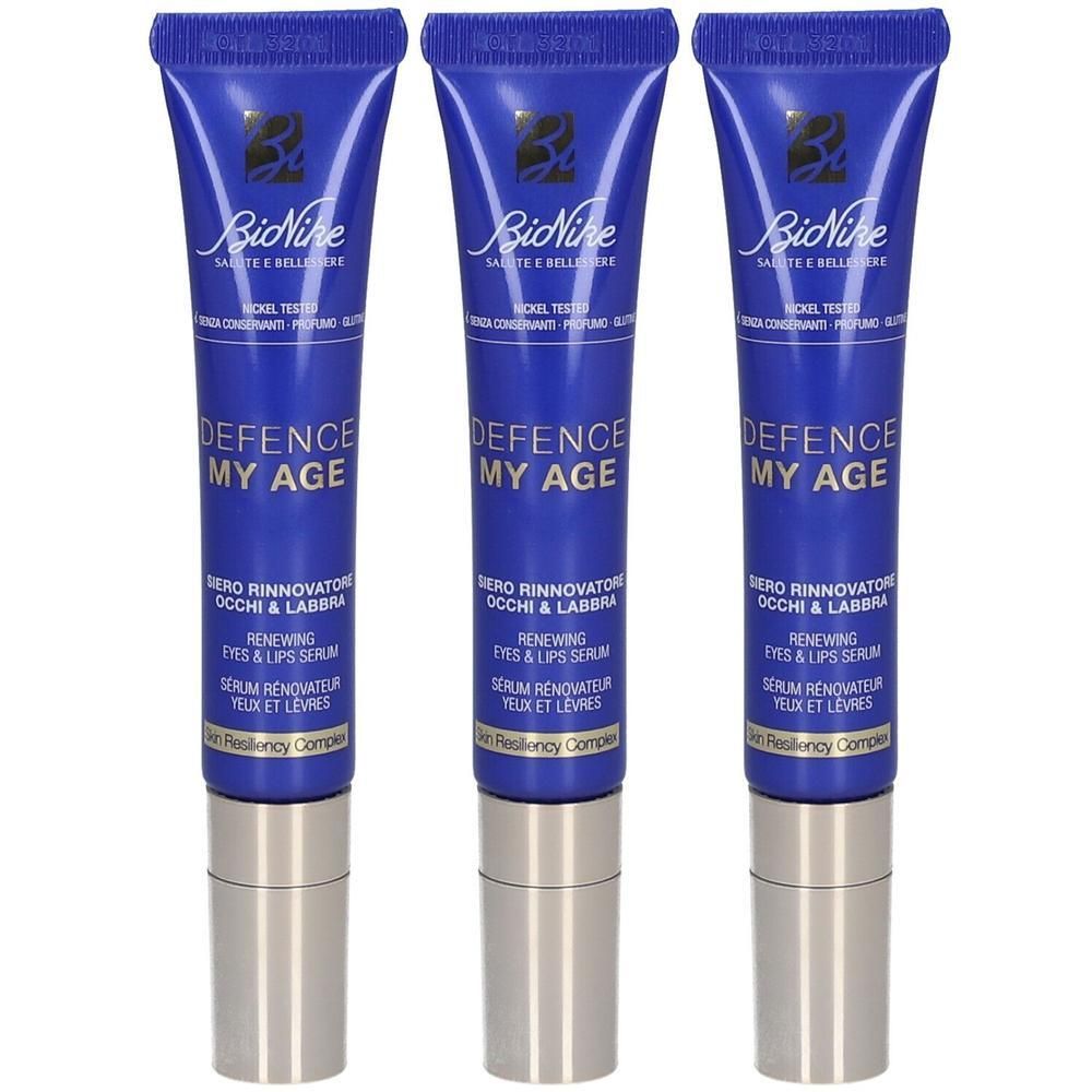 Trois tubes bleus BioNike Defence My Age Sérum Yeux et Lèvres avec bouchon argenté.