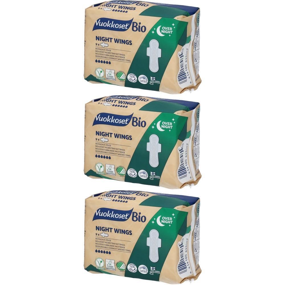 Drie pakken Vuokkoset Bio Night Wings nachtslippens. Beige verpakking met groene accenten.