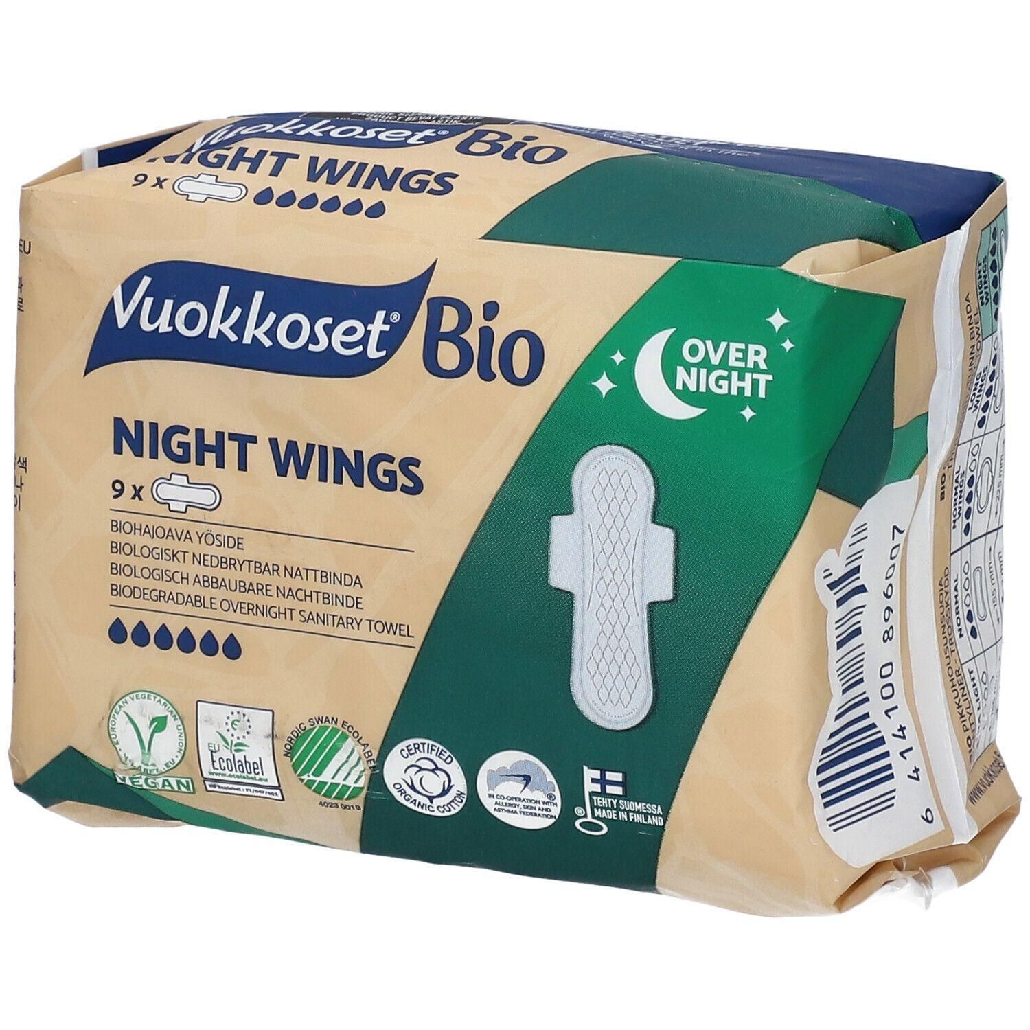 Vuokkoset Bio Nachtverband met vleugels, 9 stuks. Biologisch afbreekbaar.
