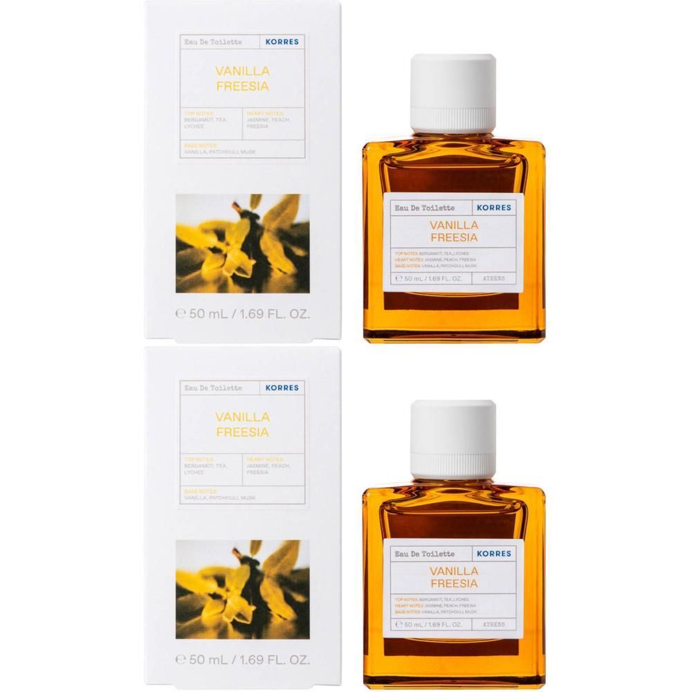 Twee flacons en dozen Korres Eau de Toilette Vanilla Freesia, 50ml.