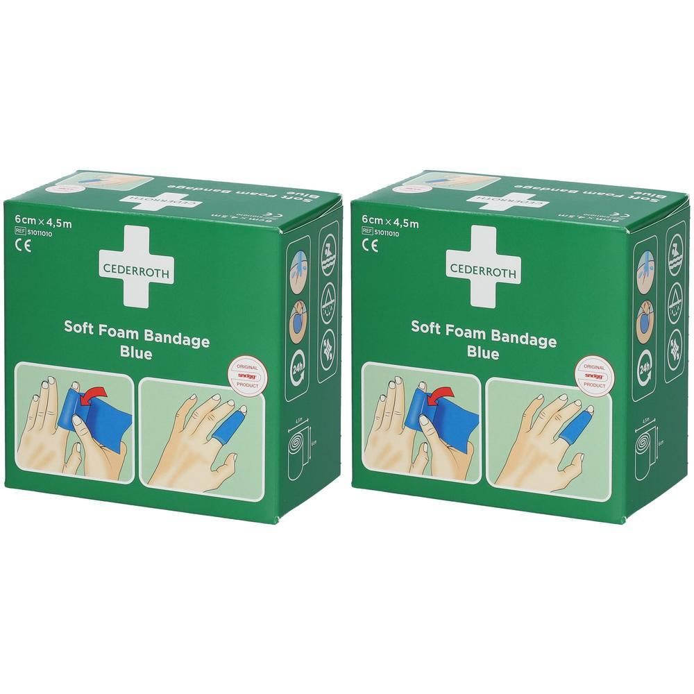 Twee pakken Cederroth Soft Foam Bandage Blauw, 6 cm x 4,5 m. Groene dozen met wit kruis en productinformatie.
