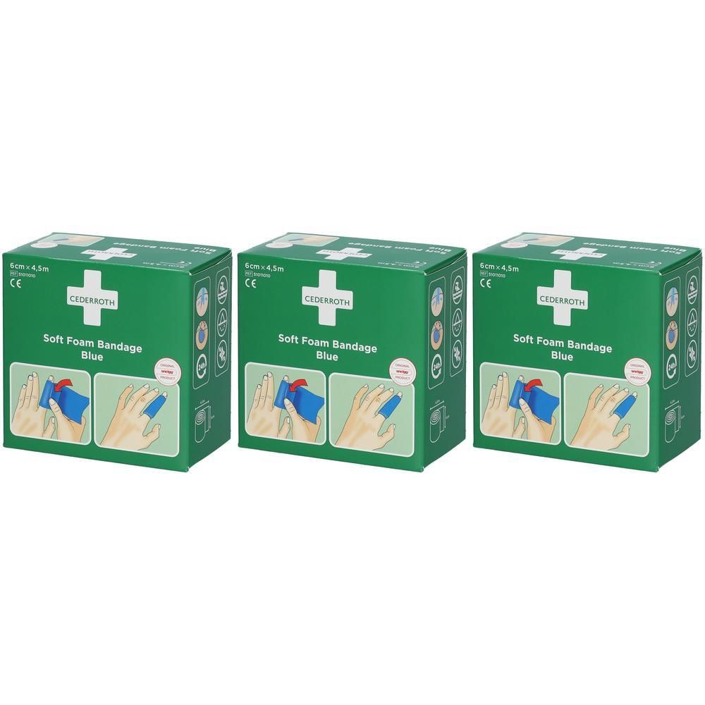 Trois boîtes de Cederroth Soft Foam Bandage Bleu. Chaque boîte montre une illustration d'application.