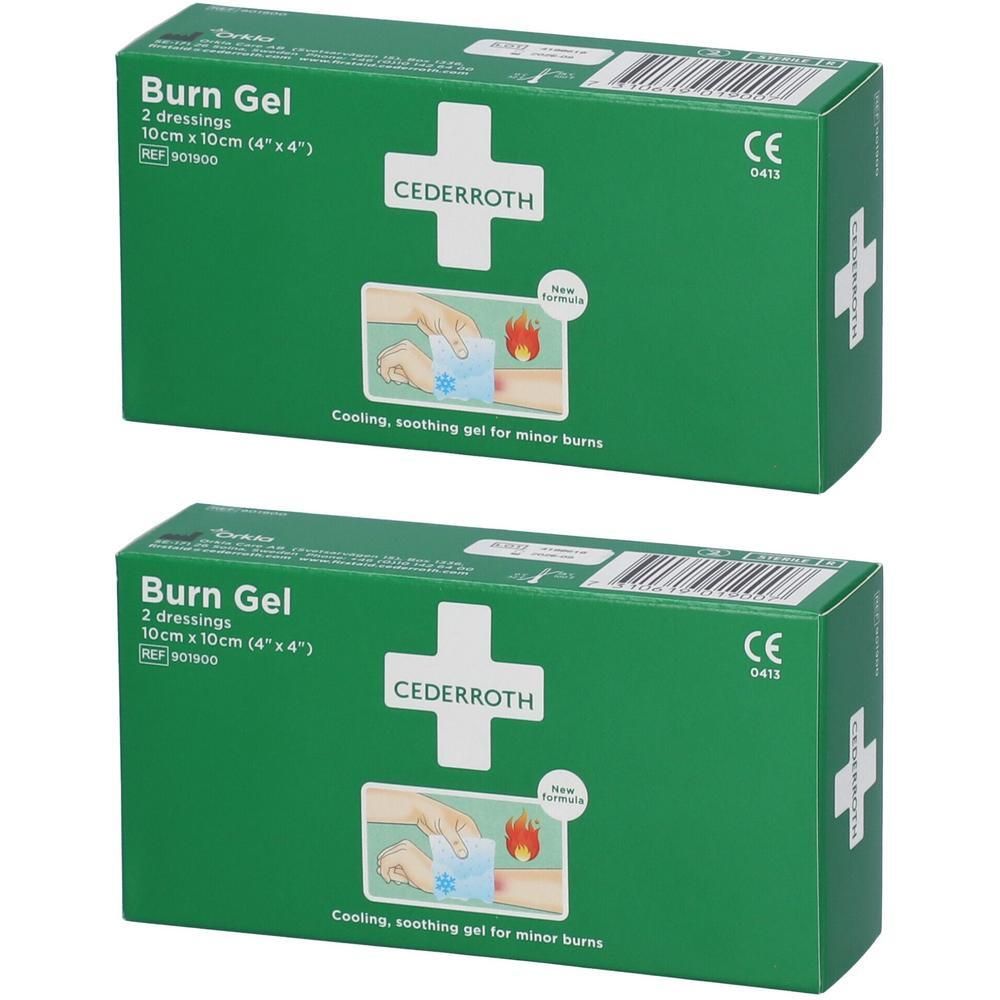 Deux paquets de pansements Cederroth Burn Gel, 10x10cm. Emballage vert avec croix blanche et informations produit.