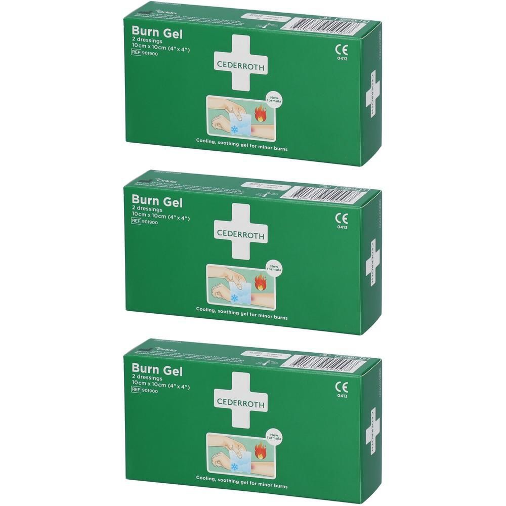 Drie pakken Cederroth Brandwondengel verband, 10x10 cm. Groene verpakking met wit kruis en productinformatie.