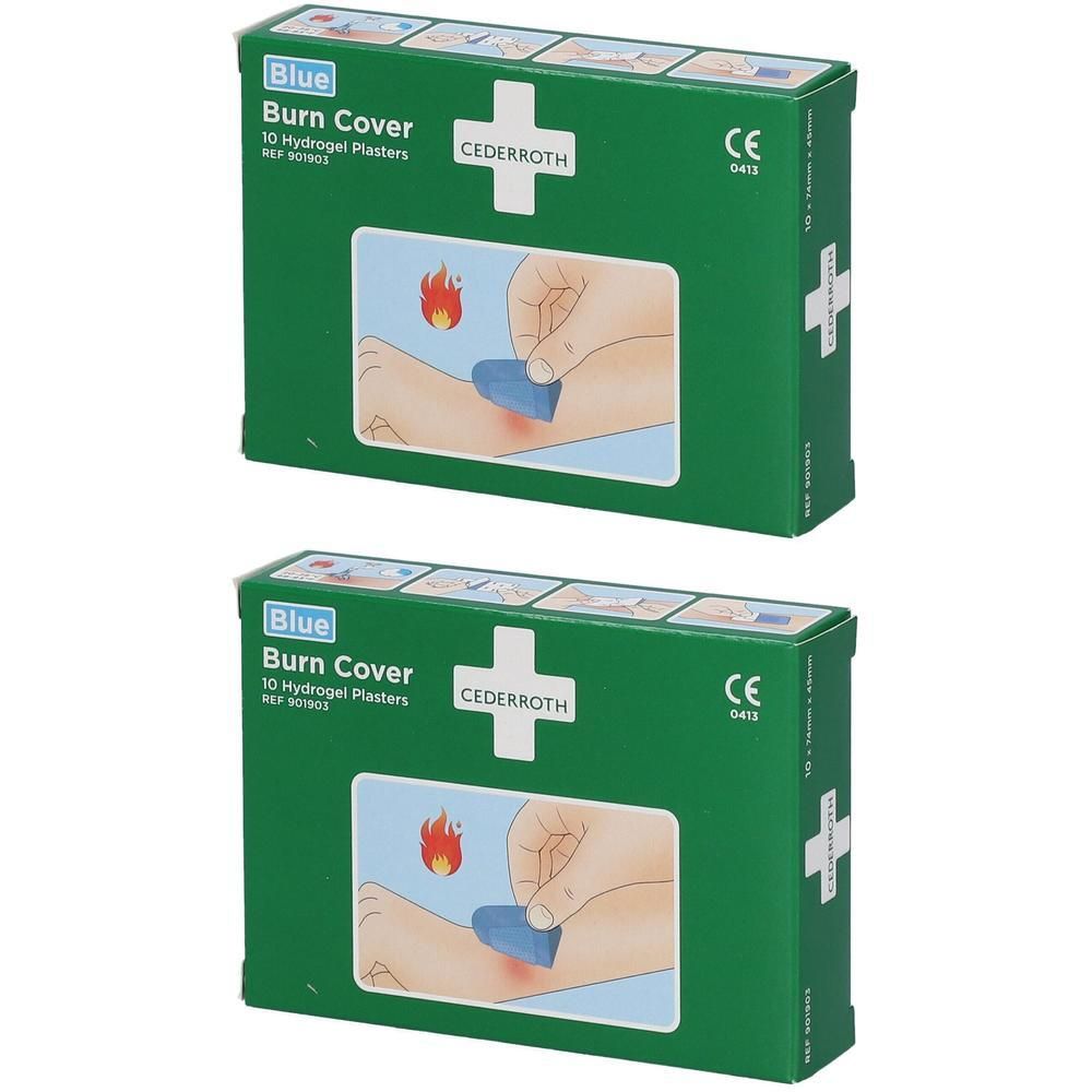 Twee pakken Cederroth Blue Burn Cover hydrogel pleisters. Elk pak bevat 10 pleisters.
