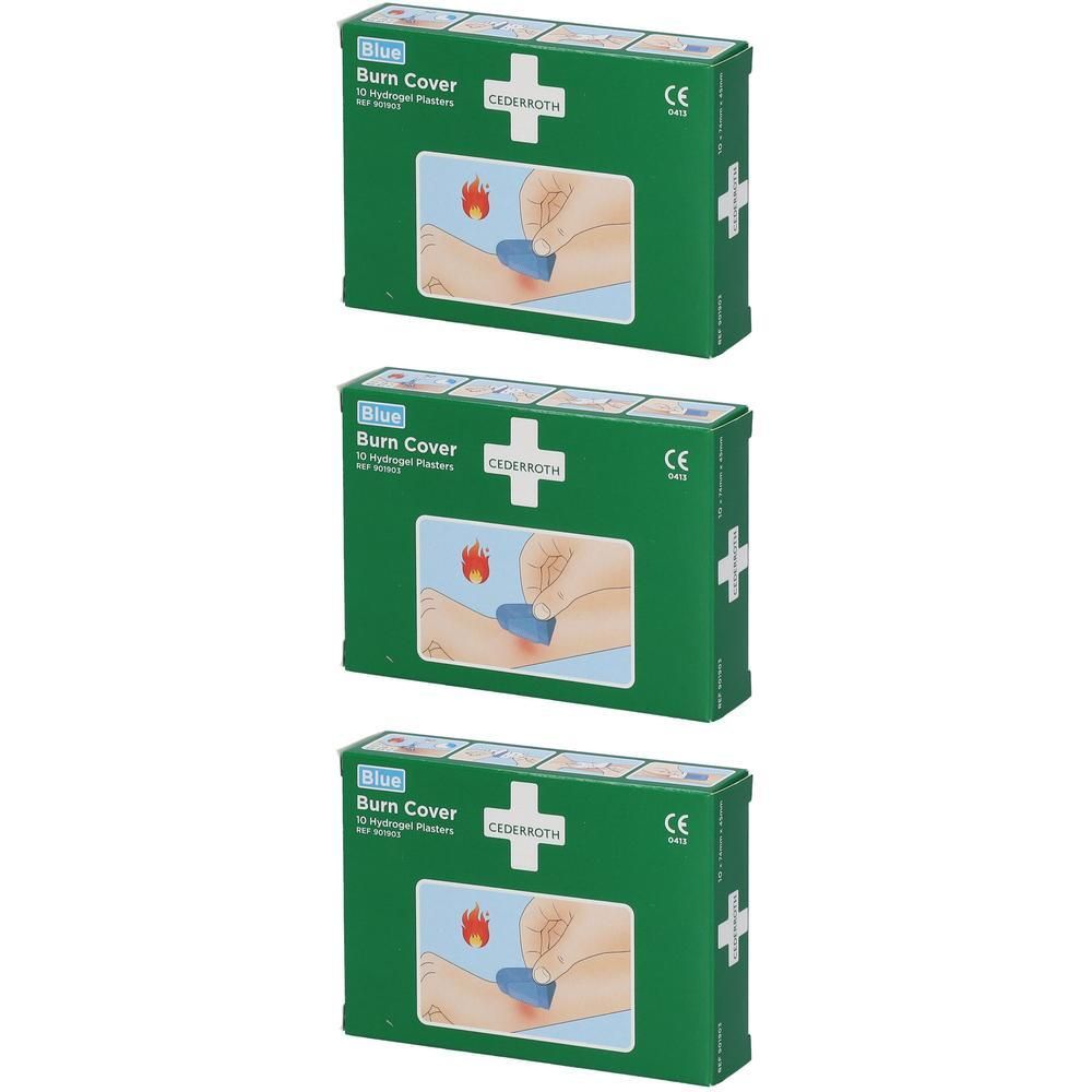 Drie pakken Cederroth Blue Burn Cover hydrogel pleisters met CE-markering en EHBO-symbool.