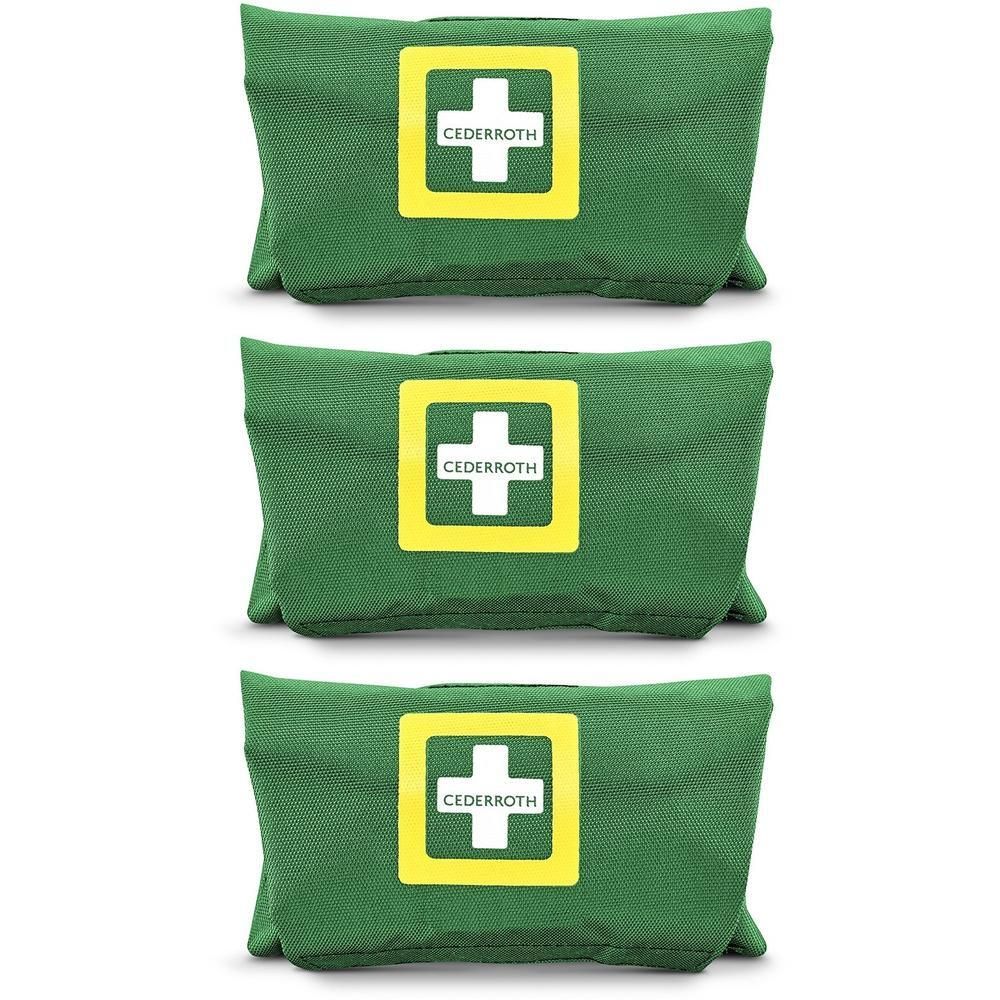 Trois pochettes vertes de premiers secours avec croix blanche et logo CEDERROTH.
