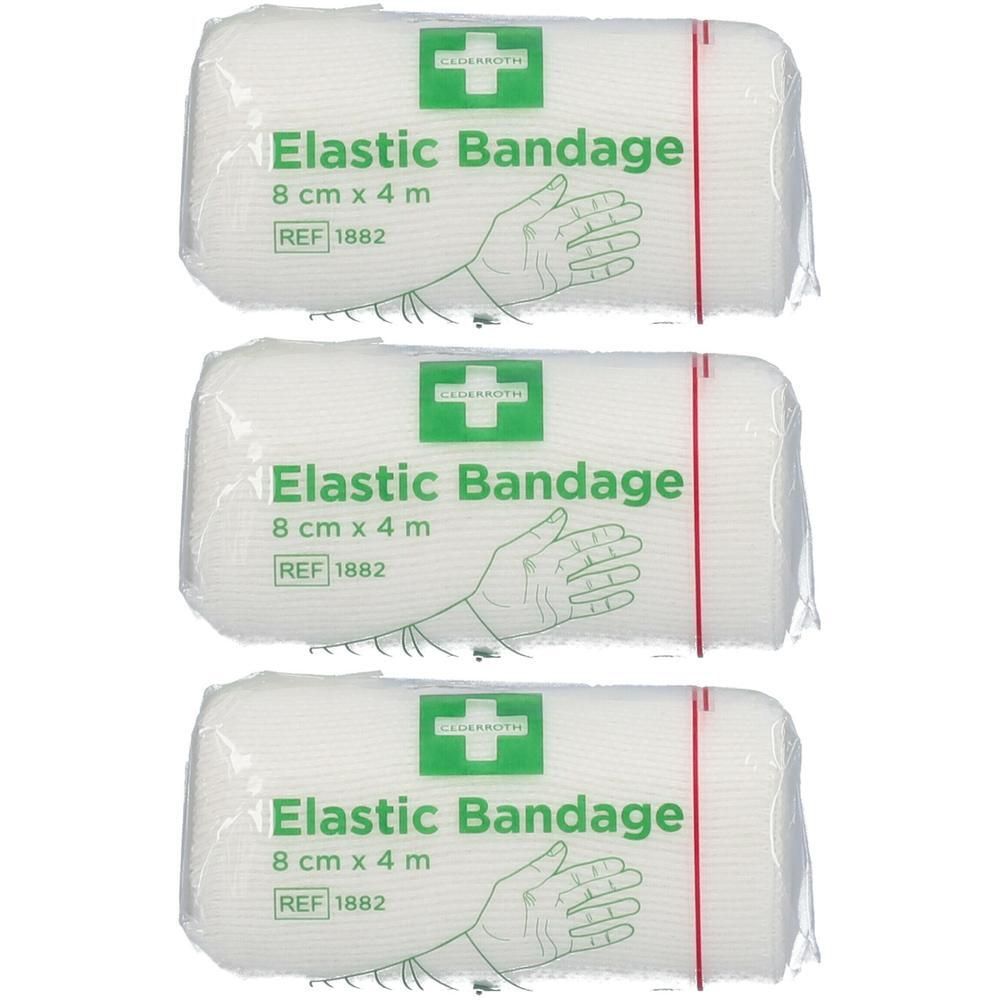 Drie Cederroth elastische verbanden, 8 cm x 4 m, in individuele verpakking.