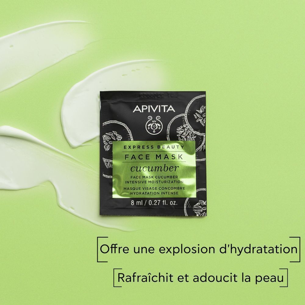 Masque visage Apivita Express Beauty concombre, 8ml. Hydratation intensive.