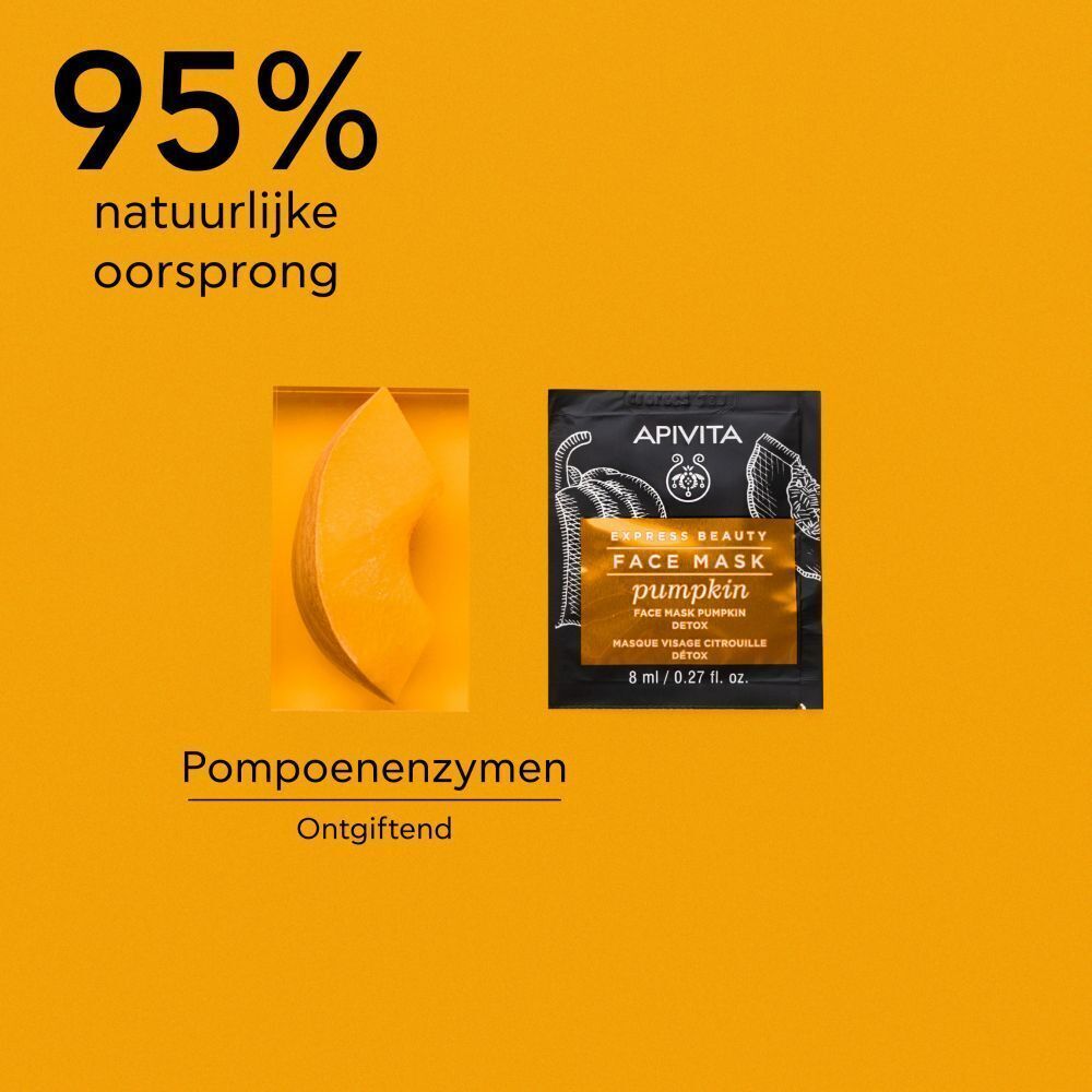 Apivita Gezichtsmasker Pompoen Detox en een stuk pompoen.