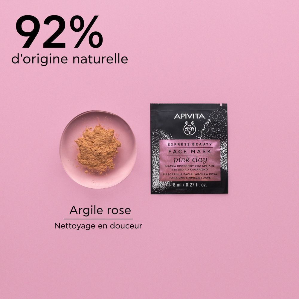 Masque visage Apivita Express Beauty à l'argile rose, 8 ml, appliqué.