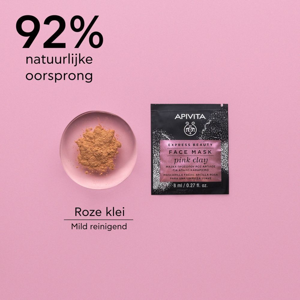 Apivita Express Beauty gezichtsmasker met roze klei, 8 ml, met tekst.