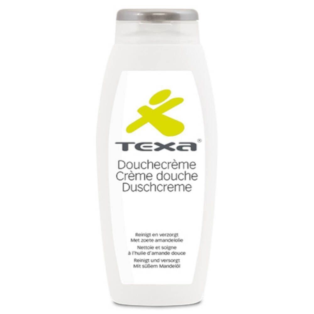 Witte fles met geel logo en opschrift "Texa Douchecrème". Bevat amandelolie.