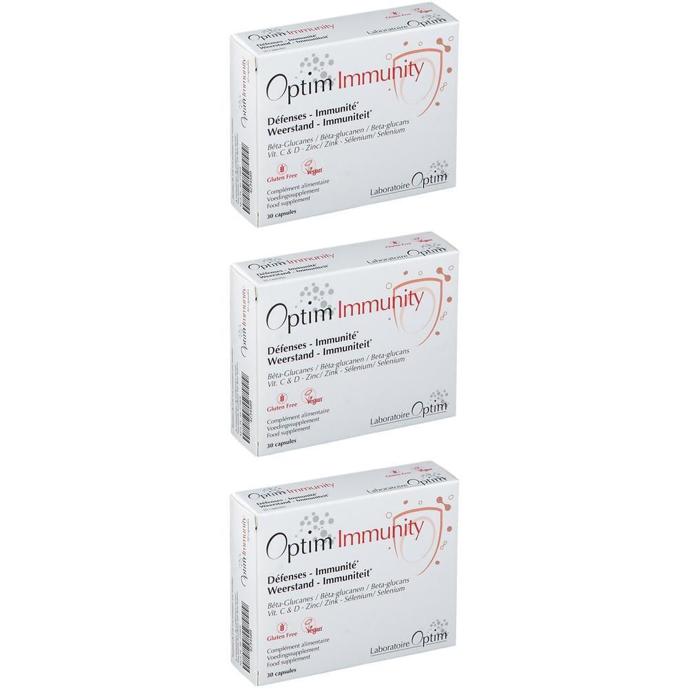 Drie OptimImmunity-dozen met schilden en stippen. Bevat 60 capsules.