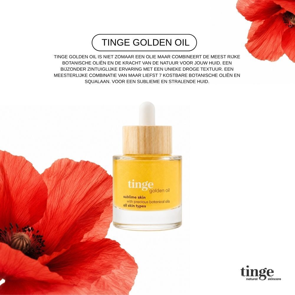 Een fles Tinge Golden Oil met pipet en houten dop, omringd door rode klaprozen.