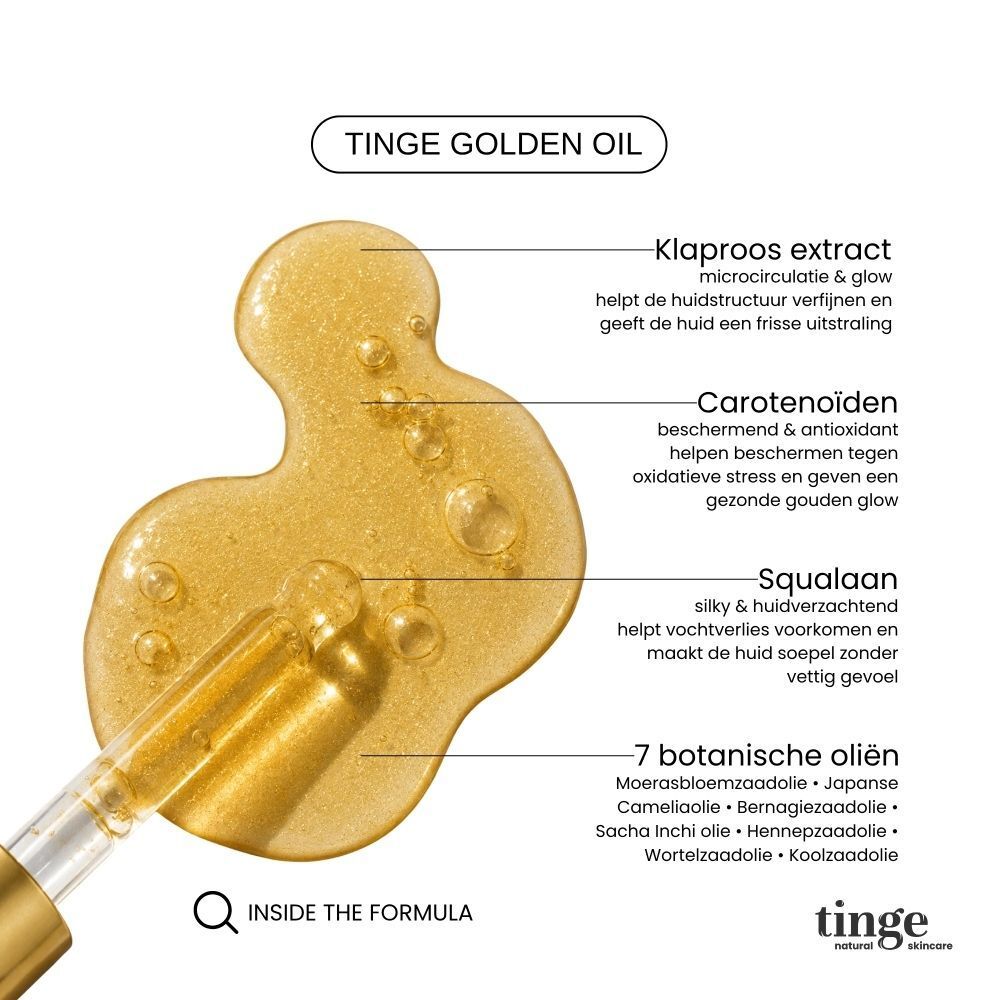 Een druppel Tinge Golden Oil met een pipet, met vermelding van ingrediënten zoals Klaproos extract.