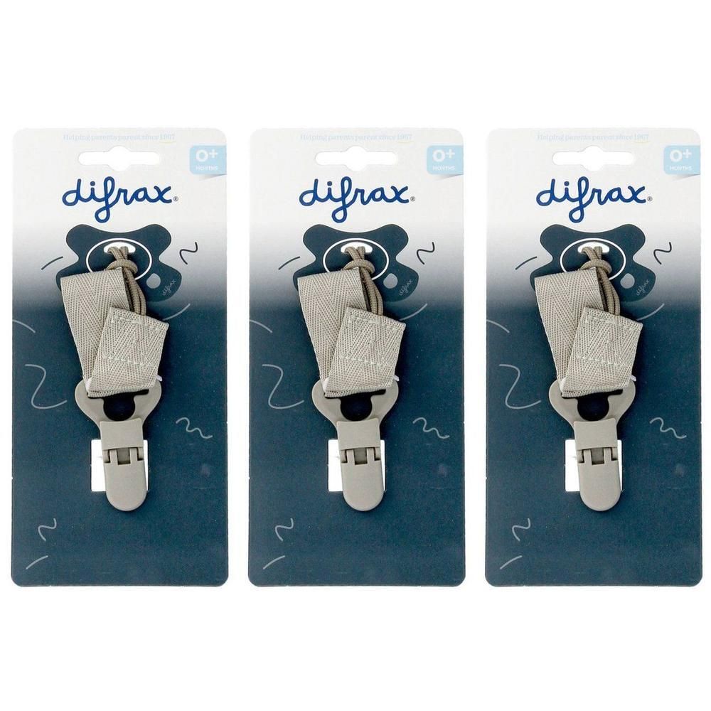 Drie Difrax fopspeenkoorden in grijs met zilverkleurige clips en lussen.