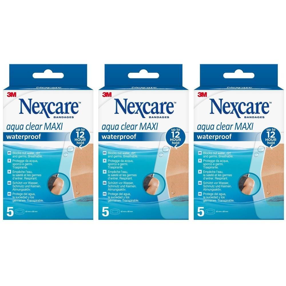 Trois paquets de pansements Nexcare Aqua Clear Maxi imperméables.