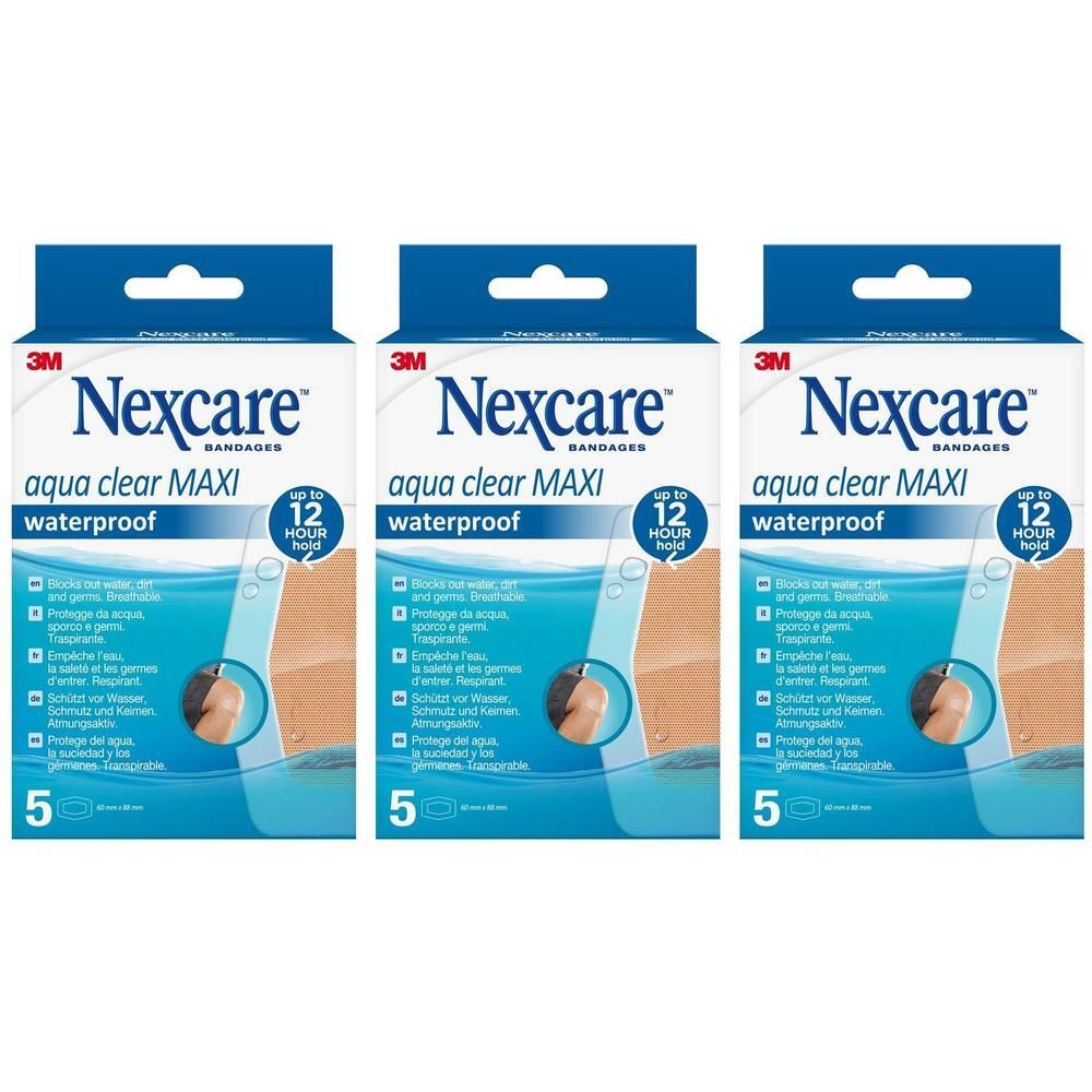 Drie pakken Nexcare Aqua Clear Maxi waterdichte pleisters.