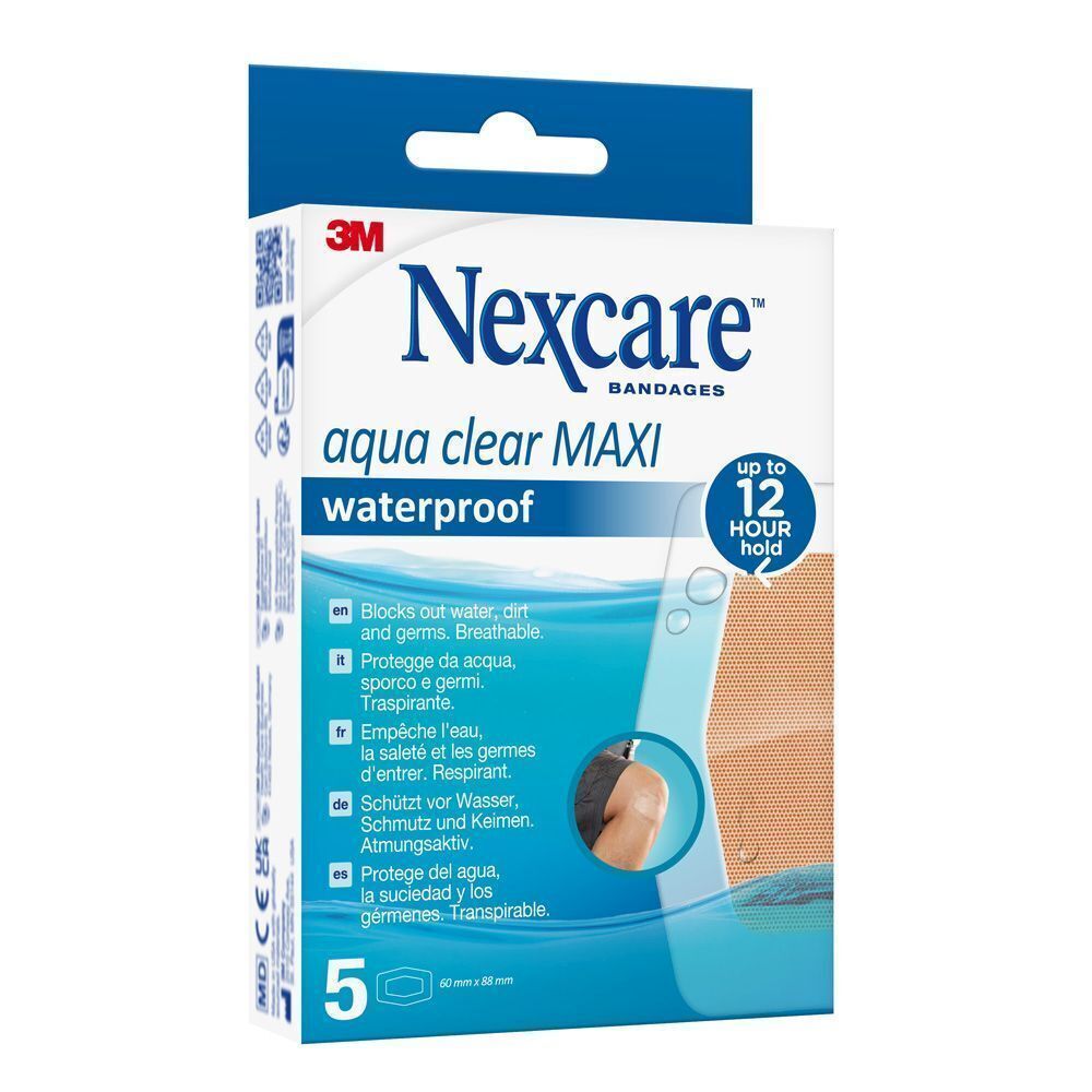 Un paquet de pansements Nexcare Aqua Clear Maxi imperméables, 5 pièces.