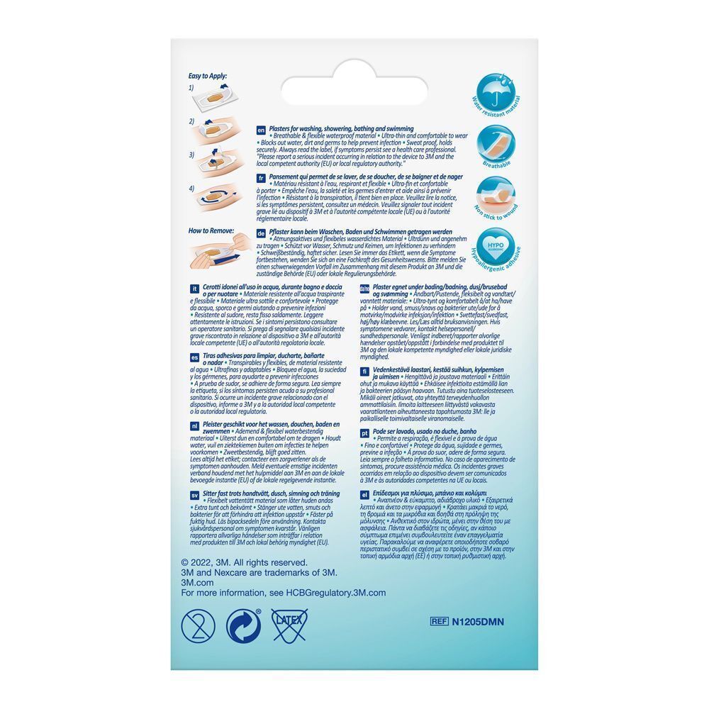 Achterkant van een pak Nexcare Aqua Clear Maxi pleisters met instructies.