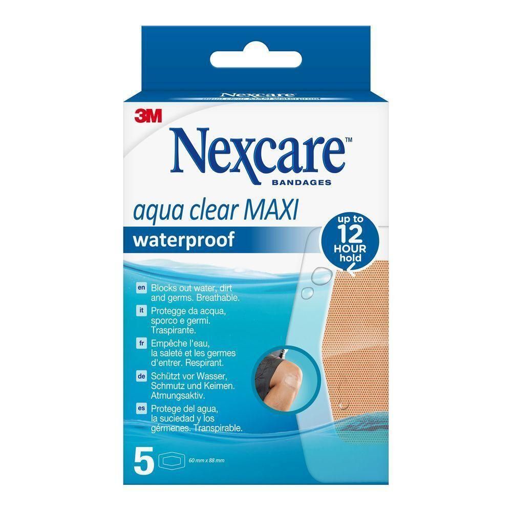 Verpakking Nexcare Aqua Clear Maxi pleisters, 5 stuks, waterdicht.