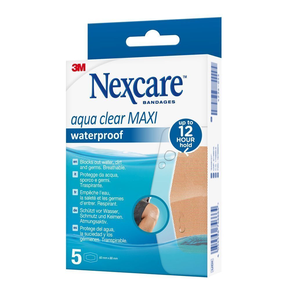Verpakking Nexcare Aqua Clear Maxi pleisters, 5 stuks, waterdicht.
