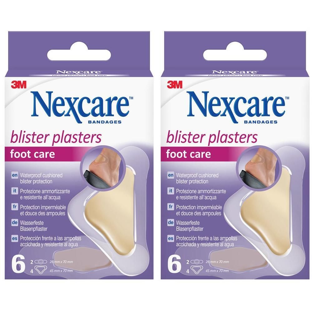 Deux paquets de pansements ampoules Nexcare Soin des pieds, 6 pansements chacun.