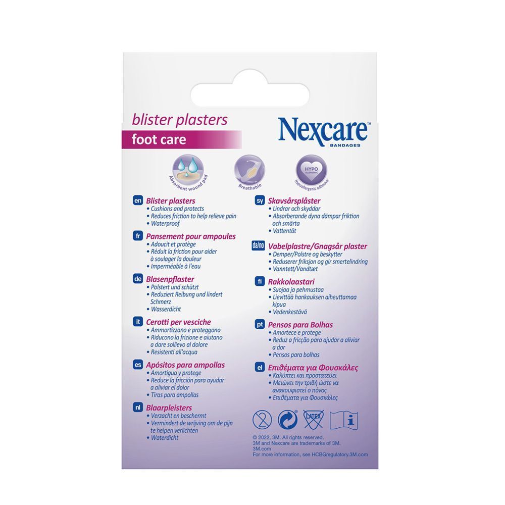 Arrière d'un paquet de pansements ampoules Nexcare Soin des pieds avec informations produit multilingues et icônes.